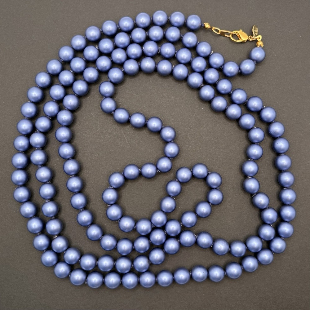 Vintage Joan Rivers Blue‎ Metallic Glass Faux Pearl Necklace Knotted Long 62"